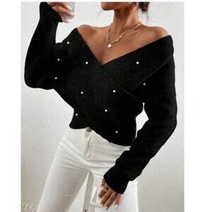 Luxe Faux Pearl Wrap Off Shoulder Sweater Top